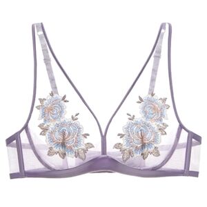 NWT Understance Plunge Unlined Bra Thong Set 34C Medium Mauve Floral Embroidered